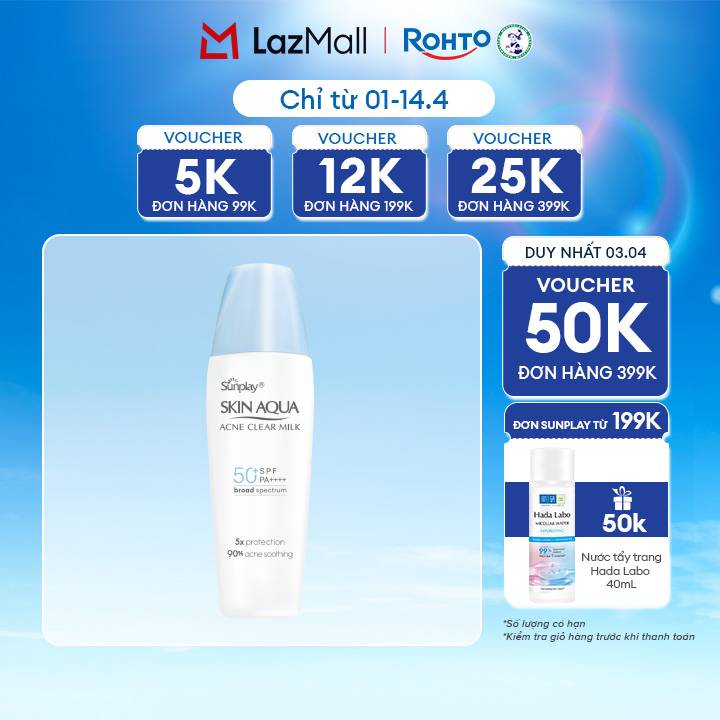 Kem chống nắng Skin Aqua cho da mụn, dạng sữa dùng hàng ngày Sunplay Skin Aqua Acne Clear Eco Việt Nam SPF 50, PA++++ 25g