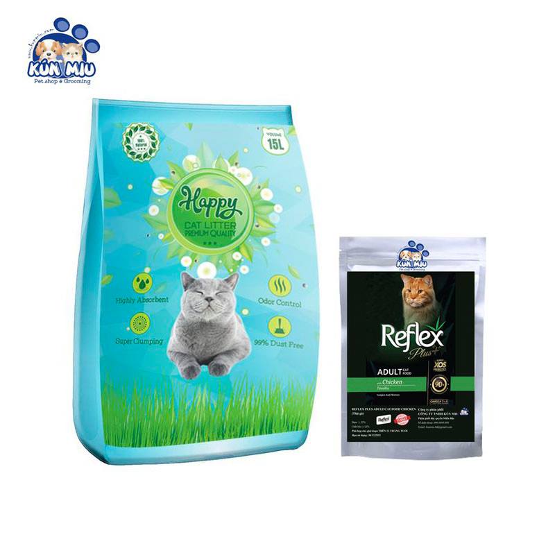 [Hoàn Tiền 10%] Combo Cát vệ sinh cho mèo Happy Cat 15L (10.3kg) + Thức ăn Reflex Plus Adult Vị Gà túi chia 1kg
