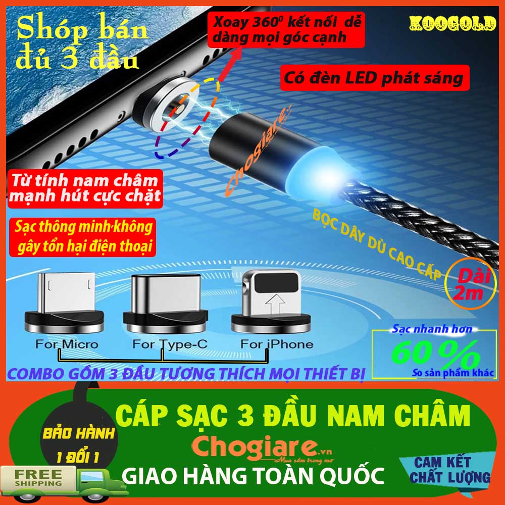 Cáp Sạc Nam Châm 3 Đầu Phát Sáng, Đầu Hit Nam Châm Cực Mạnh, Xoay 360 Độ Chống Xoắn, Dây Sạc Nam Châm Nhanh, Dây Sạc Nam Châm Có Đèn LED, Cáp Sạc Samsung, Cáp Sạc iphone IOS, LG, Xiaomi, OPPO, , ipad, Adroid, MicroUSB, TYPE C-Chogiare
