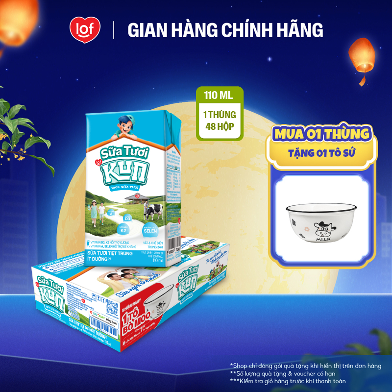 Sữa tươi Kun 100% ít đường thùng 48 hộp x 110ml