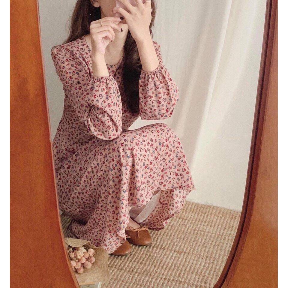 Váy hoa nhí vintage 2 lớp, thắt nơ eo