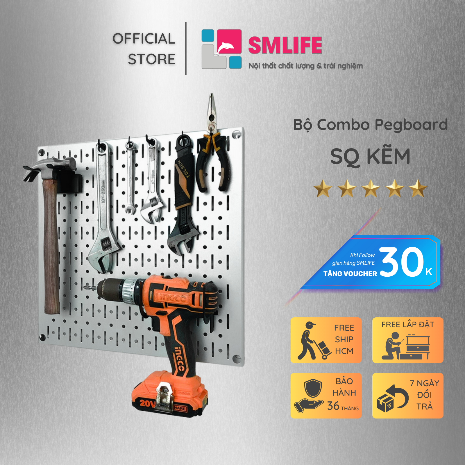 Bảng treo dụng cụ smlife pegboard cơ khí sq – kẽm mạ