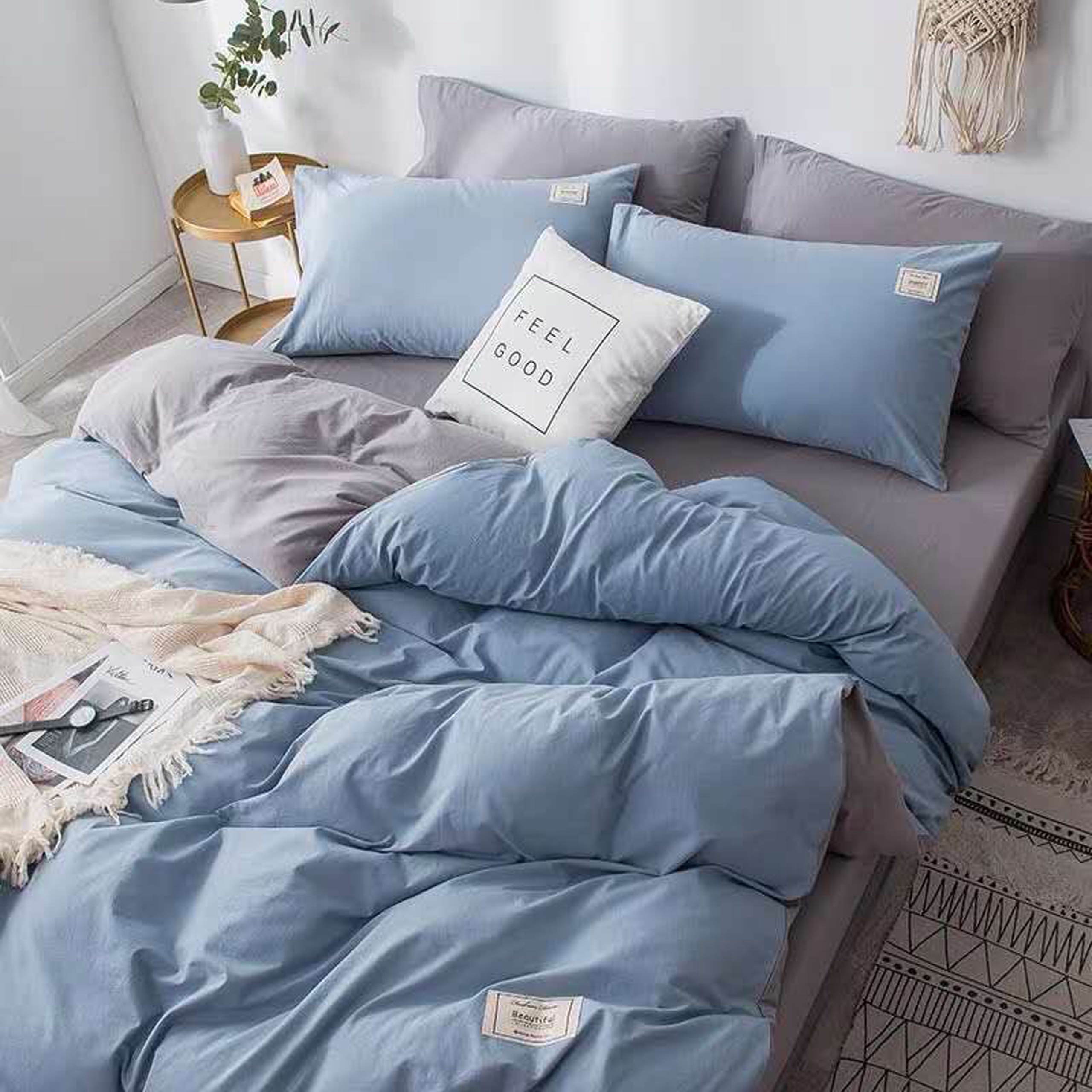 Trọn bộ chăn ga vỏ gối 4 món (bộ drap trải giường, vỏ chăn, vỏ gối) chất cotton Tici nhập khẩu, các mẫu màu xanh