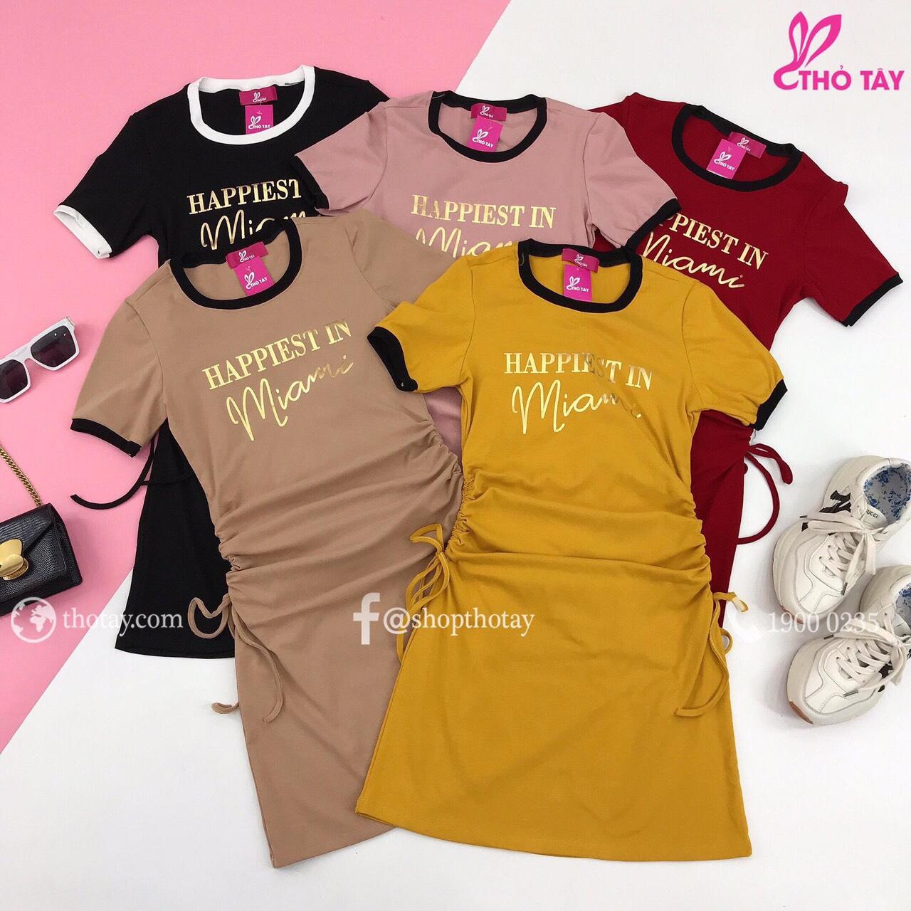 Đầm Body Thun In Chữ HAPPIEST IN MIAMI Phối Rút Dây Hai Bên Phong Cách TTS0702