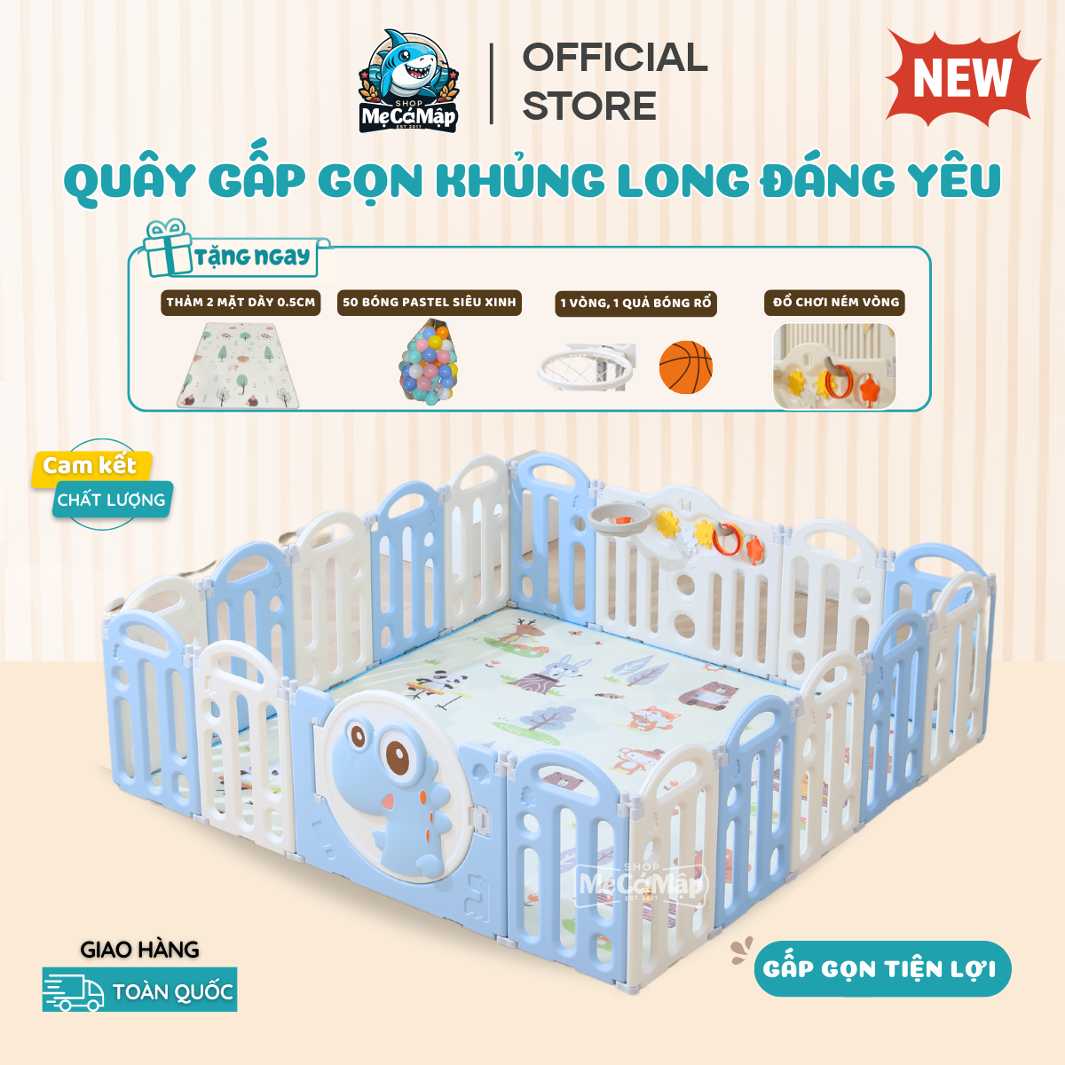 Quây Cũi Nhựa Gấp Gọn Pakey Khủng Long 2024, Quây Nhựa Cho Bé Cải Tiến 2 Đế Dùng Nhiều Loại Sàn, Nhự