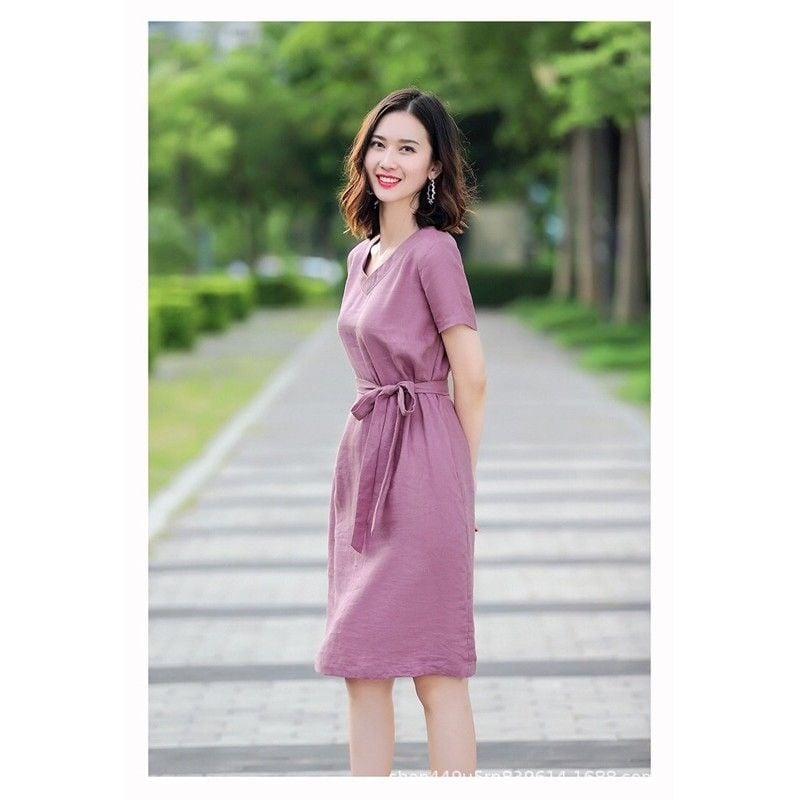 Đầm linen suông cổ tim đáp to tay ngắn tặng kèm dây nơ eo đủ sz S-XL