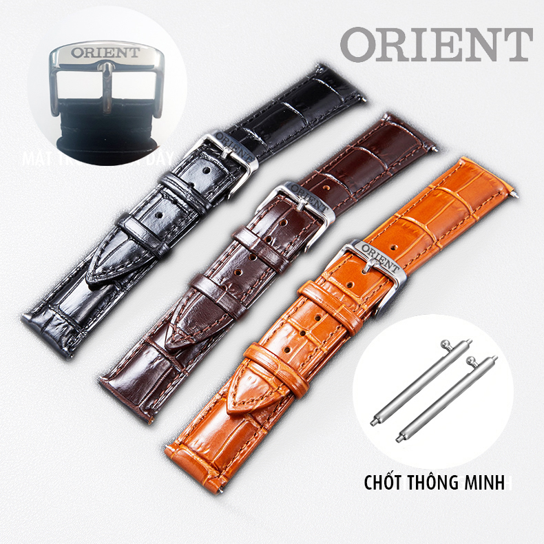 Dây đồng hồ nam da bò dập vân cá sấu, khoá ORIENT, khoá logo khác vui lòng inbox, dùng chốt thông minh - D2104