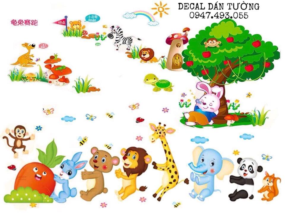 Decal dán tường Thỏ gốc cây thú kéo cà rốt