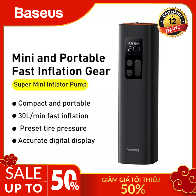 Máy bơm lốp oto cầm tay siêu nhỏ Baseus - bơm lốp điện tử mini 12V - máy nén khí xe hơi ô tô xe máy xe đạp cao cấp