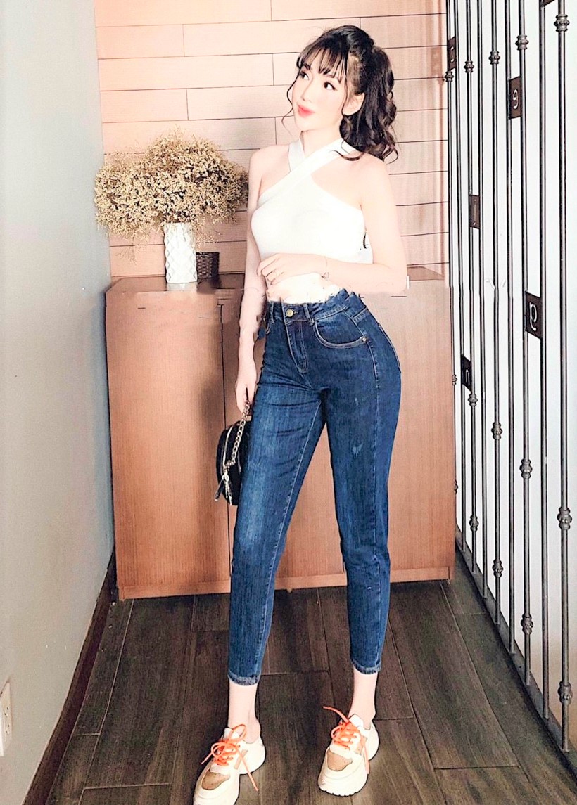 Quần jeans nữ bigsize 9 tấc lưng cao, màu xanh đậm dành cho người từ 62~90kg