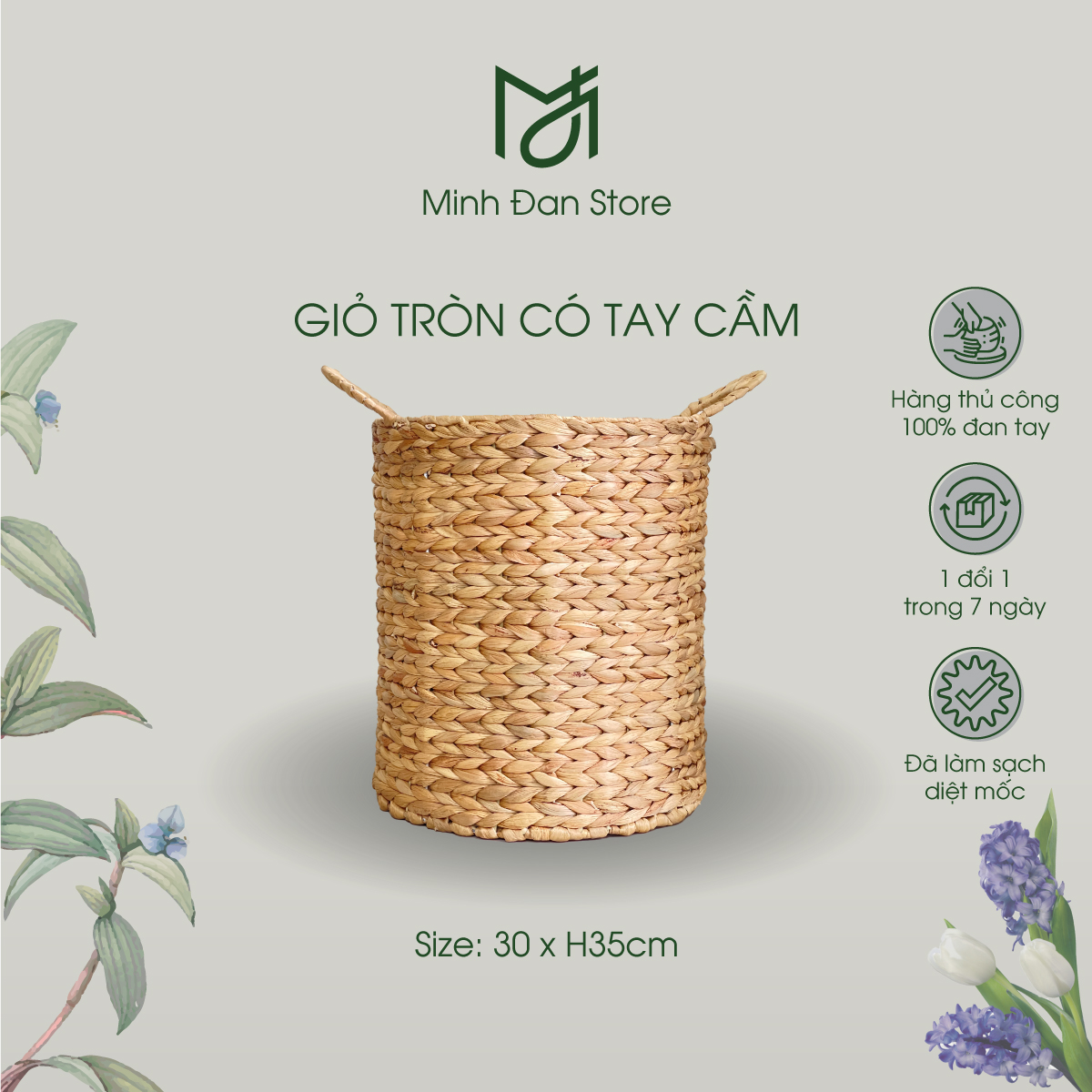 Giỏ lục bình cao có tay cầm, giỏ đựng đồ đa năng, đựng quần áo, decor nhà cửa, giỏ trồng cây, hàng xuất khẩu