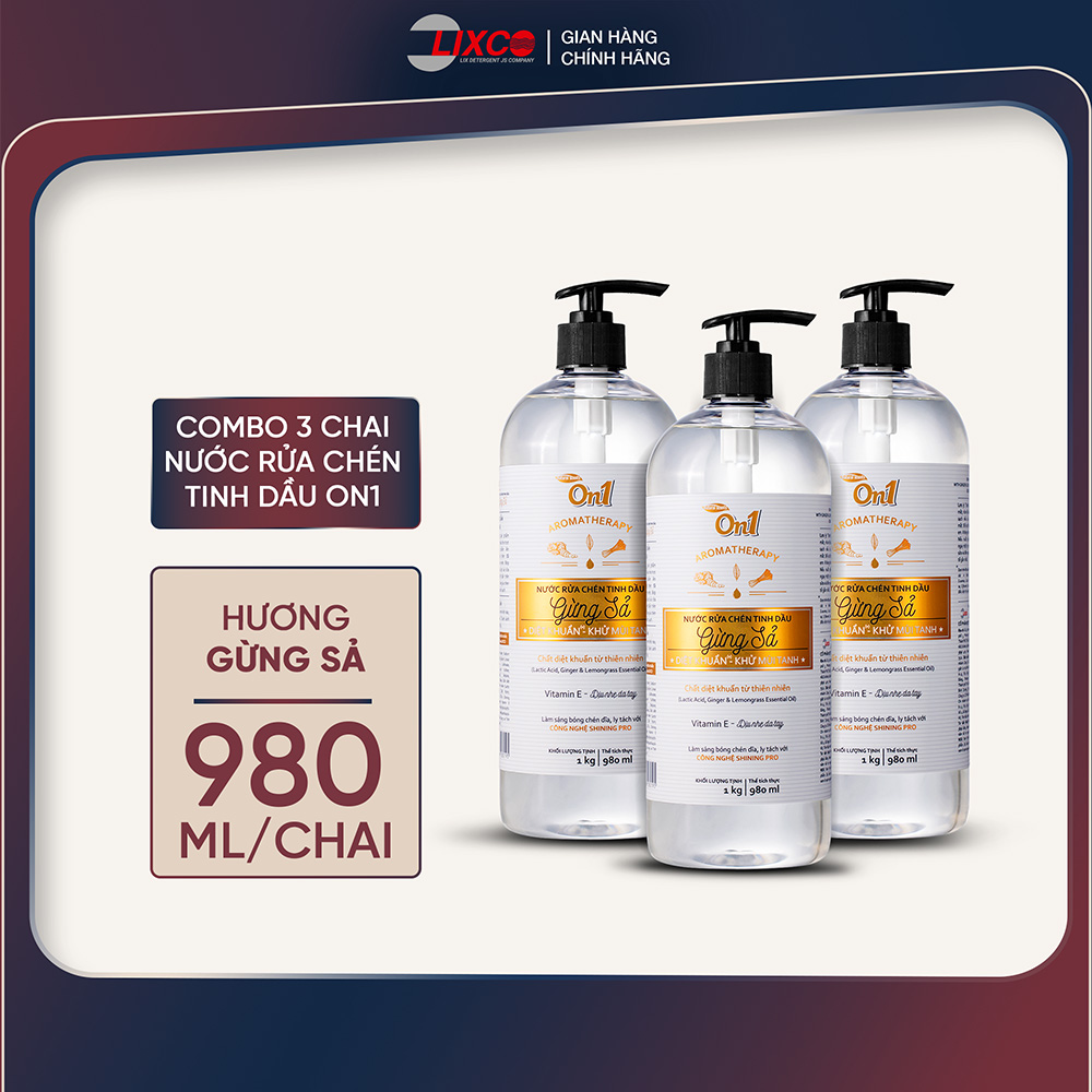 Combo 3 chai nước rửa chén tinh dầu On1 hương gừng sả 1Kg 3C-N5503 - Sạch bóng vết dầu mỡ  bảo vệ da tay - Lixco Việt Nam