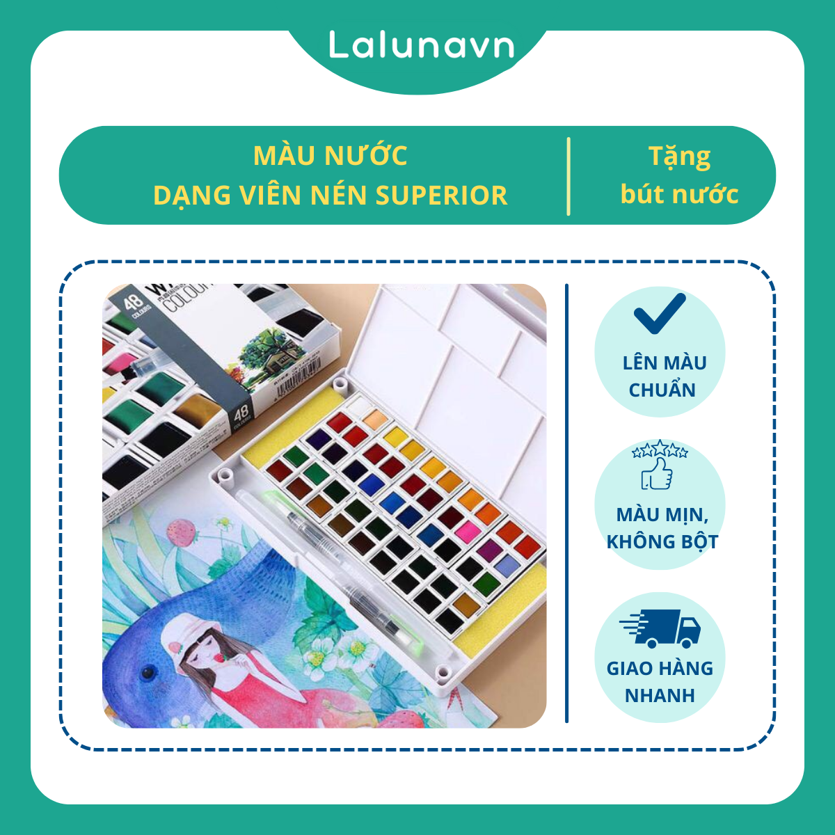 Màu nước dạng viên nén SUPERIOR 12/18/24/30/36/48 tặng kèm cọ nước Lalunavn - B47