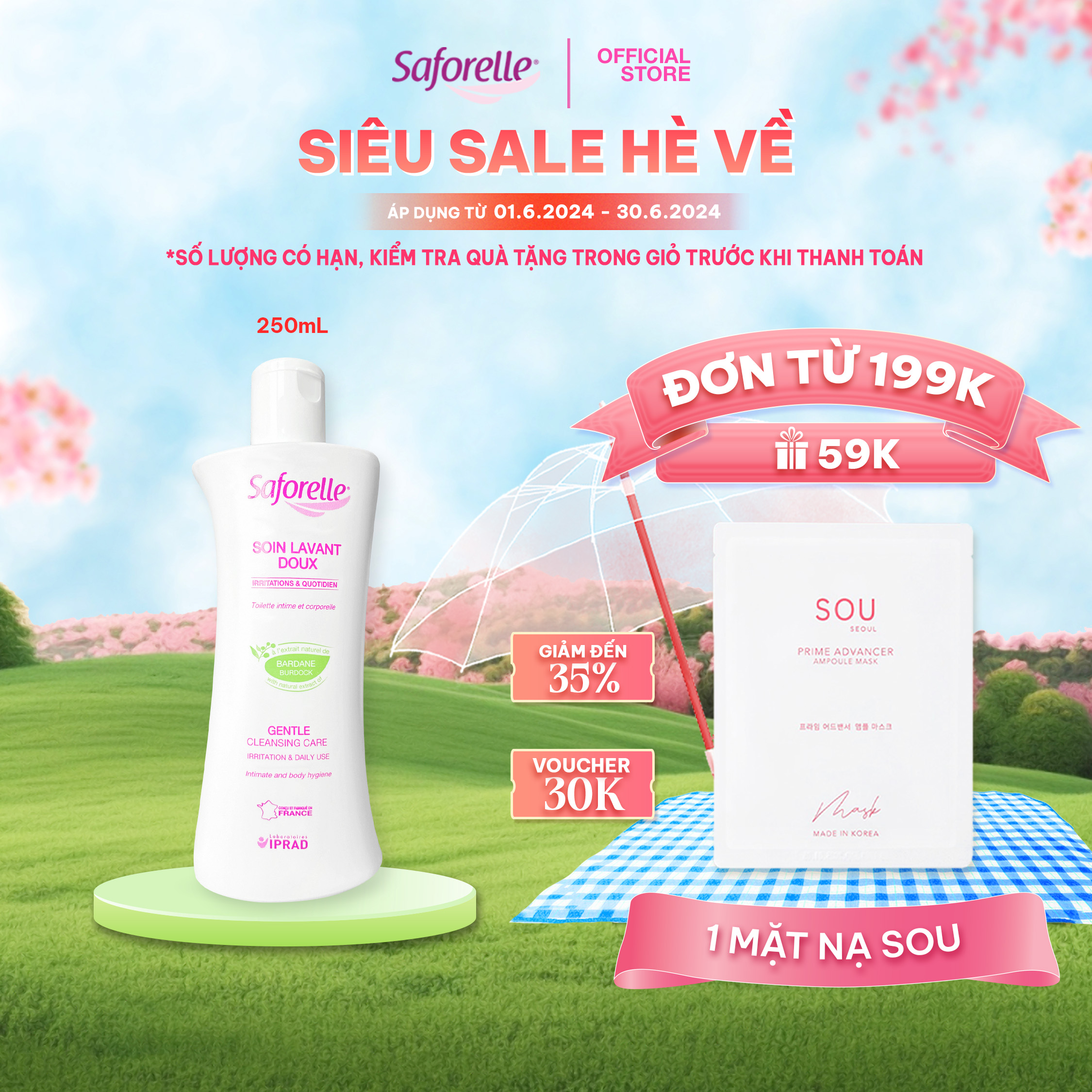 Dung dịch vệ sinh phụ nữ Saforelle Gentle Cleansing Care cao cấp thành phần tự nhiên làm sạch vùng kín 250ml