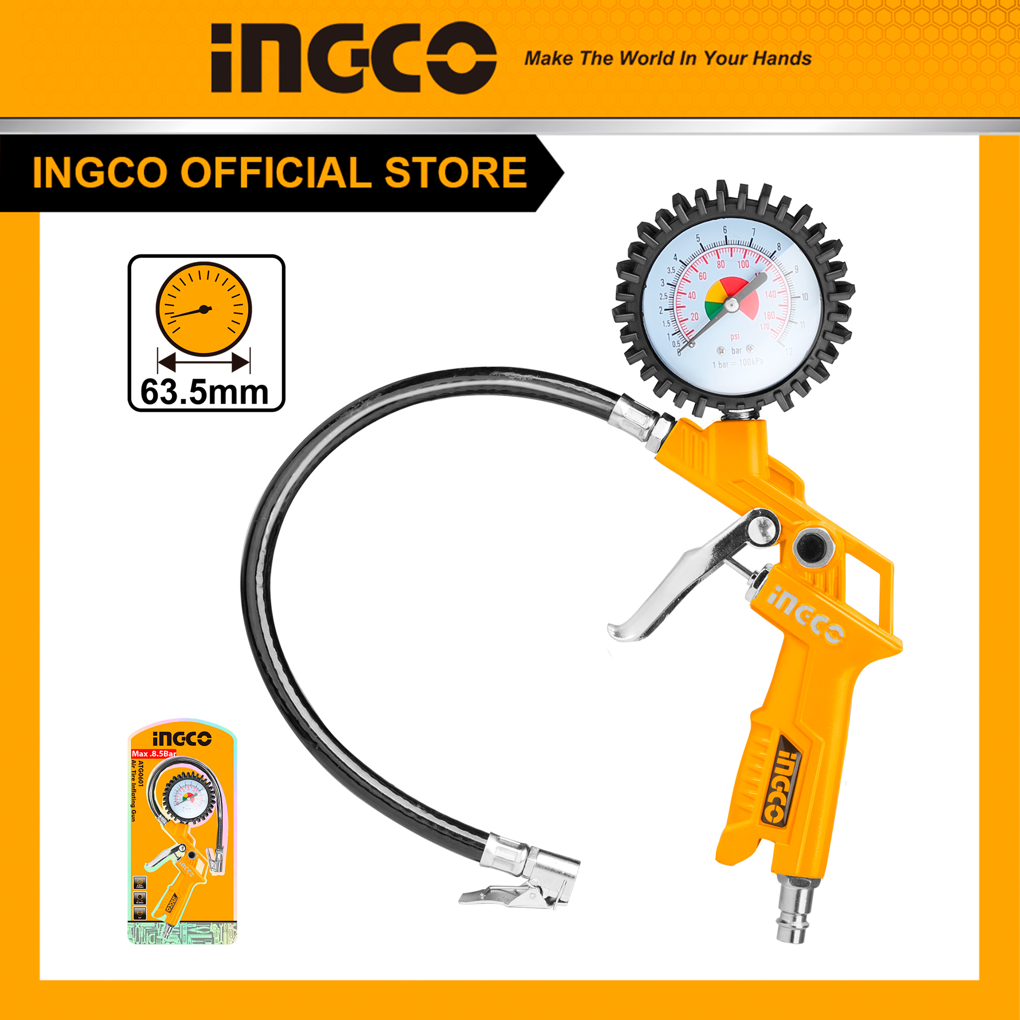 Súng bơm hơi tích hợp đồng hồ đo áp suất khí INGCO ATG0601 12bar bơm nén khí lốp xe đạp xe máy xe hơi hồ bơi nệm hơi 