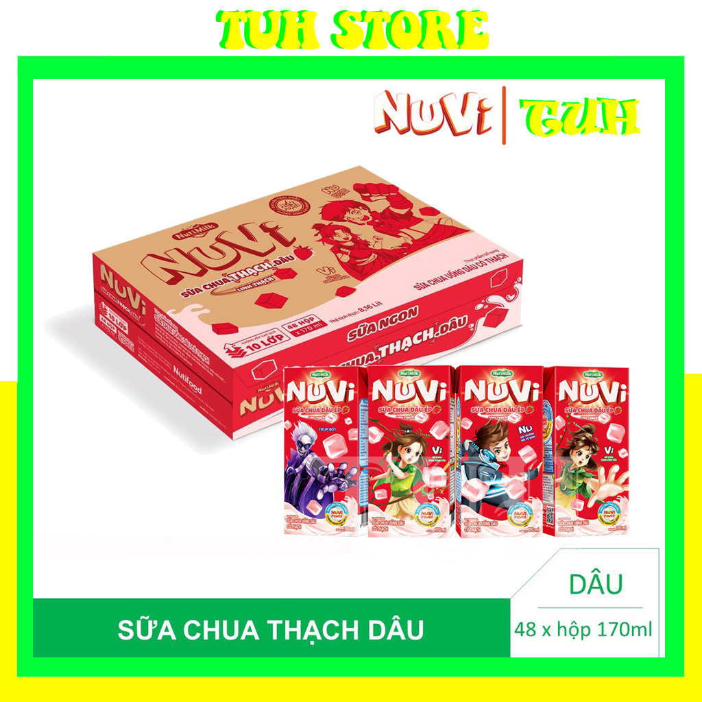 Thùng 48 hộp Sữa chua uống Dâu có thạch hộp 170ml NuVi,dâu thạch,thạch dâu-TUH