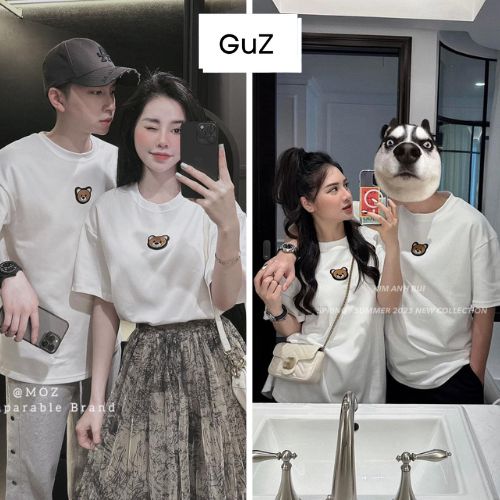 Áo thun đôi nam nữ basic thêu gấu cộc tay dáng rộng chất cotton phong cách hàn quốc GUZ