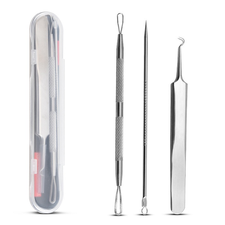 Bộ 3 Cây Que Nặn Mụn Bằng Thép Cao Cấp Không Gỉ Gồm 5 Đầu Chuyên Dụng Có Nhíp Gắp Cực Kì An Toàn [Full Box]