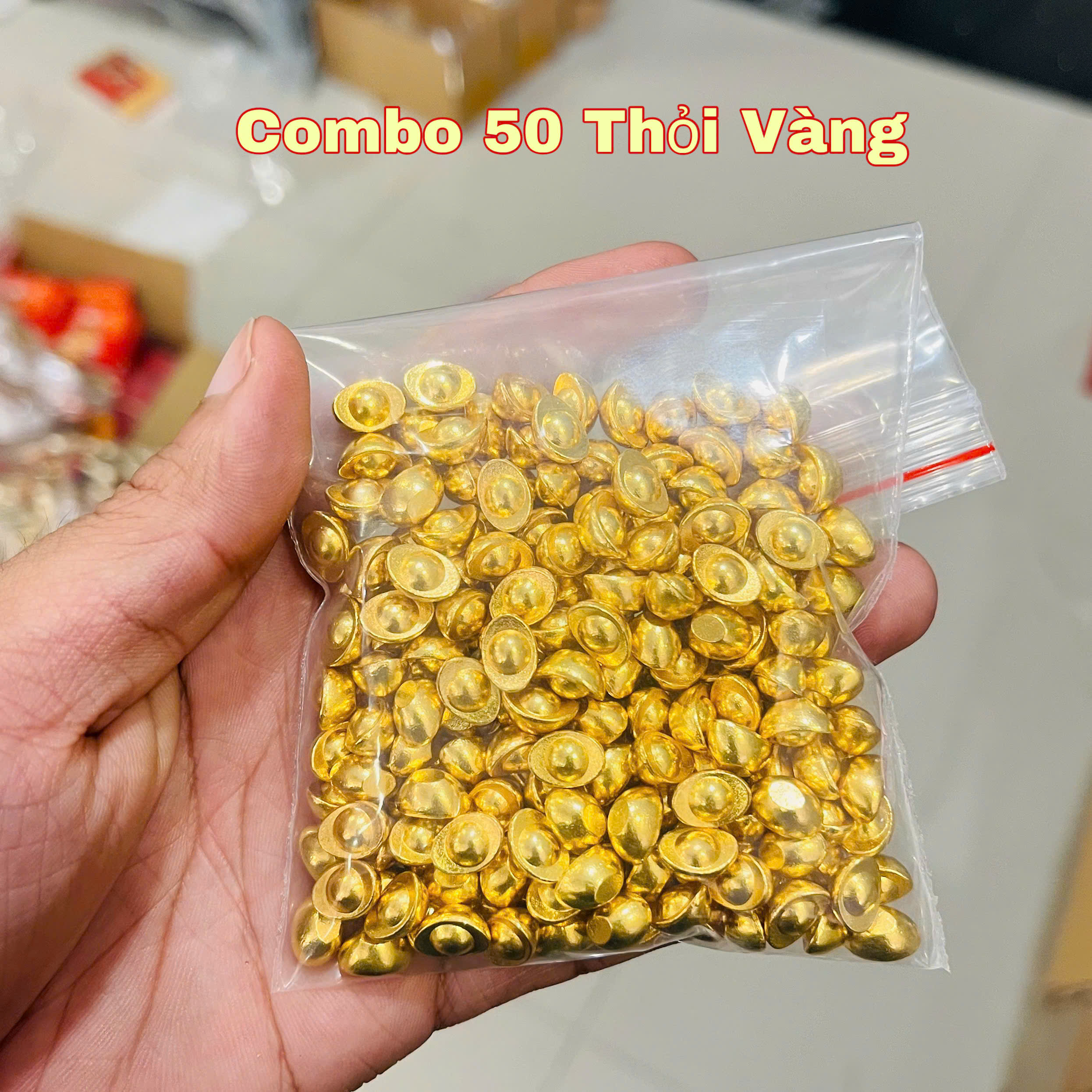 Combo of 100 Mini Metal Gold Ingots Feng Shui Lucky Fortune Used to Decorate Work Desks, Altars to the God of Wealth - 1