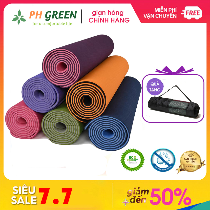 Thảm Tập Yoga TPE 2 Lớp 6mm PH Green Cao Cấp, Kích Thước 183x61cm, Chất Liệu Đàn Hồi Cao, Chống Trơn, Chống Nước, Không Mùi Khó Chịu, Thảm Yoga