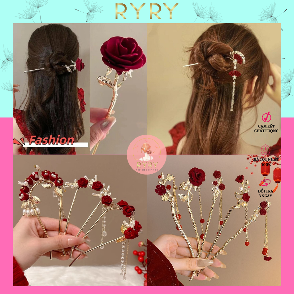 Trâm Cài Tóc Đính Hoa Hồng Đỏ Tua Rua Phong Cách Trung Hoa Thời Trang Cho Nữ - Trâm Tết, Noel Giáng Sinh