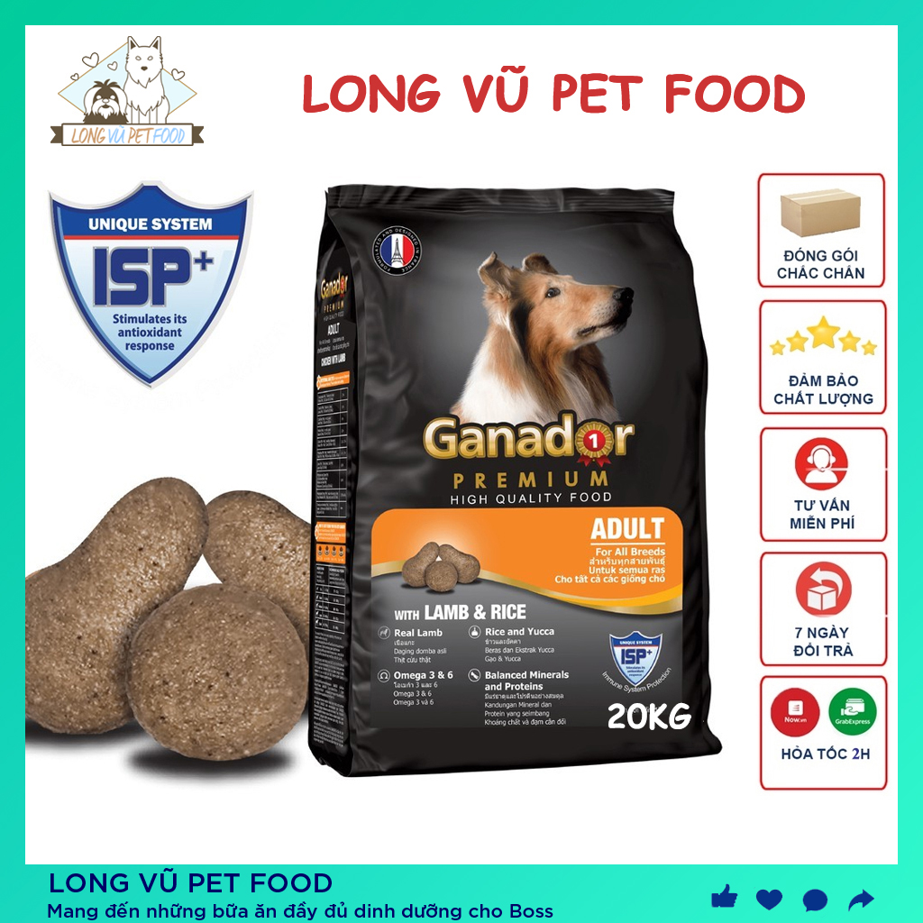 Thức ăn cho chó lớn Ganador 20kg vị Cừu và Gạo - Thức ăn hạt cho chó trưởng thành trên 1 tuổi - Long Vũ Pet Food