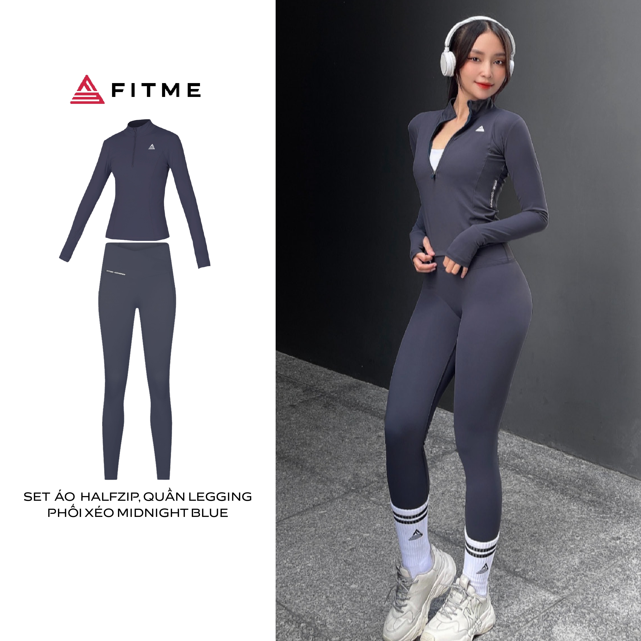 Bộ đồ tập gym yoga Fitme Cover23 áo khoác halfzip midnight blue quần legging phối xéo midnight blue