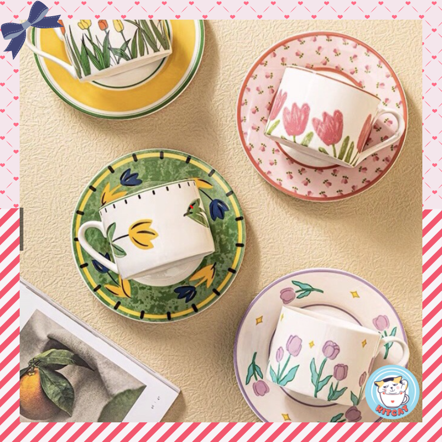 Bộ tách trà cafe, set cốc đĩa trà bánh gốm sứ kitcat store