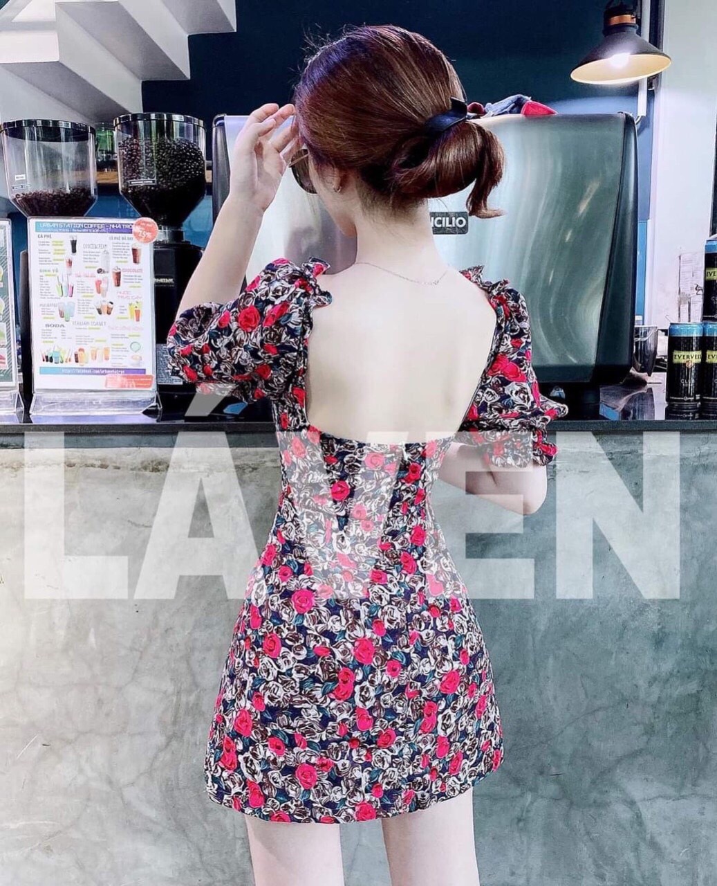 [HCM]ĐẦM LỤA HOA NHÚN TAY HỞ LƯNG CỰC XINH ( CÓ MÚT NGỰC )-LC