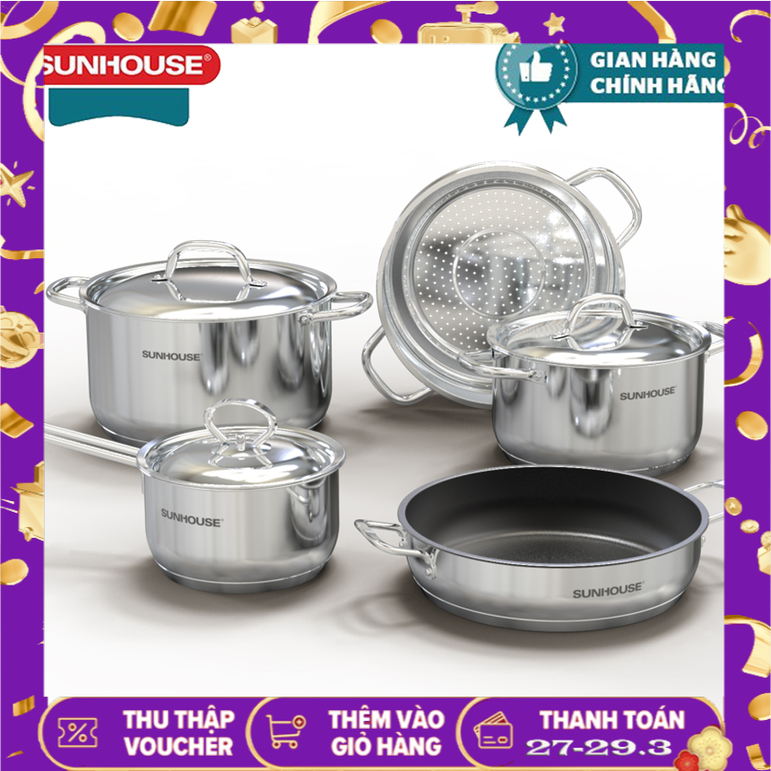 BỘ NỒI CHẢO INOX 5 ĐÁY SUNHOUSE SHG995 - Chính Hãng