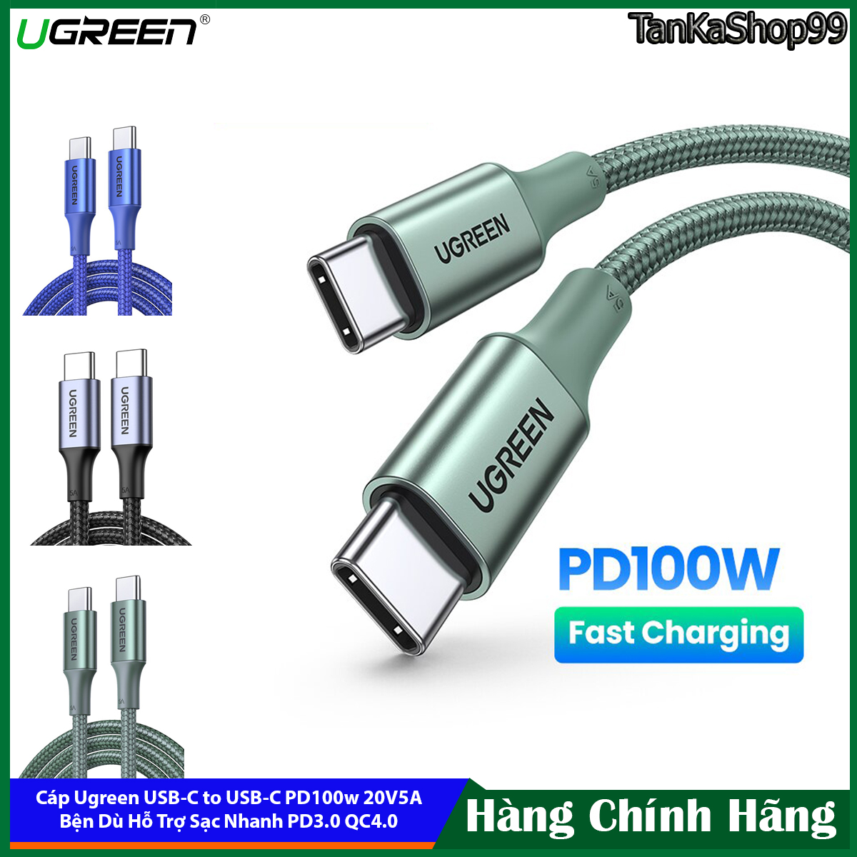 Cáp sạc nhanh ugreen 100w usb c to c 20v/5a , hỗ trợ sạc nhanh pd, qc 4.0, sạc nhanh điện thoại, laptop, macbook...