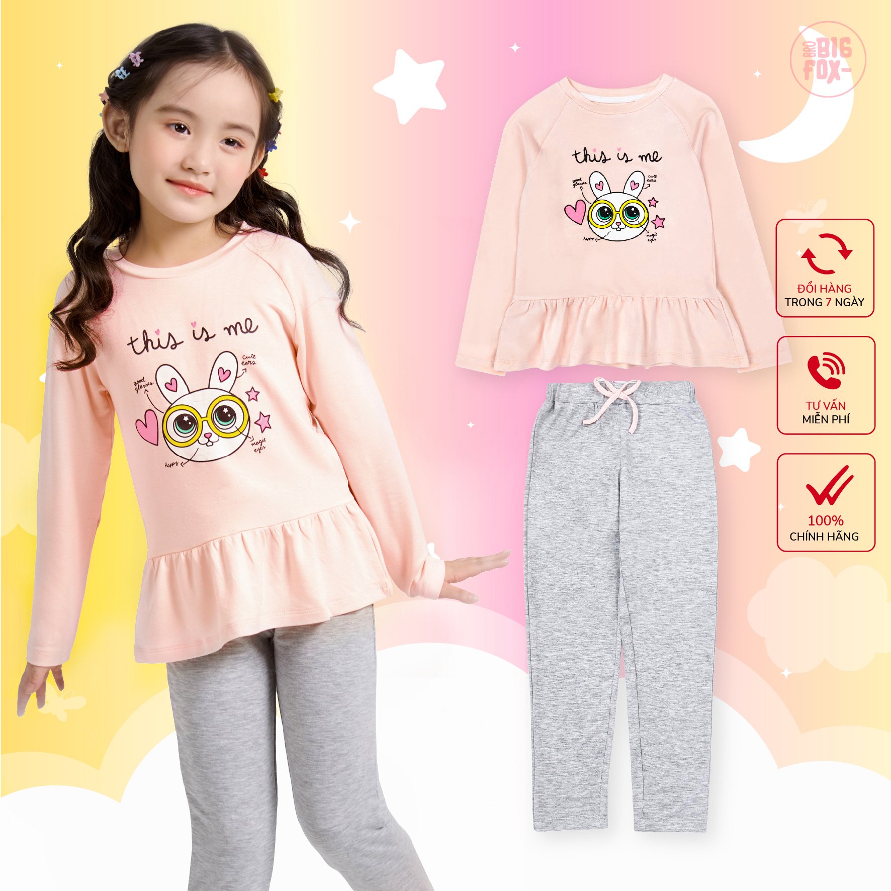 Bộ thu đông bé gái size đại BIGFOX - MISS MEOW, bộ dài tay cho bé phong cách Hàn Quốc hình in thỏ đeo kính 11 - 38 kg