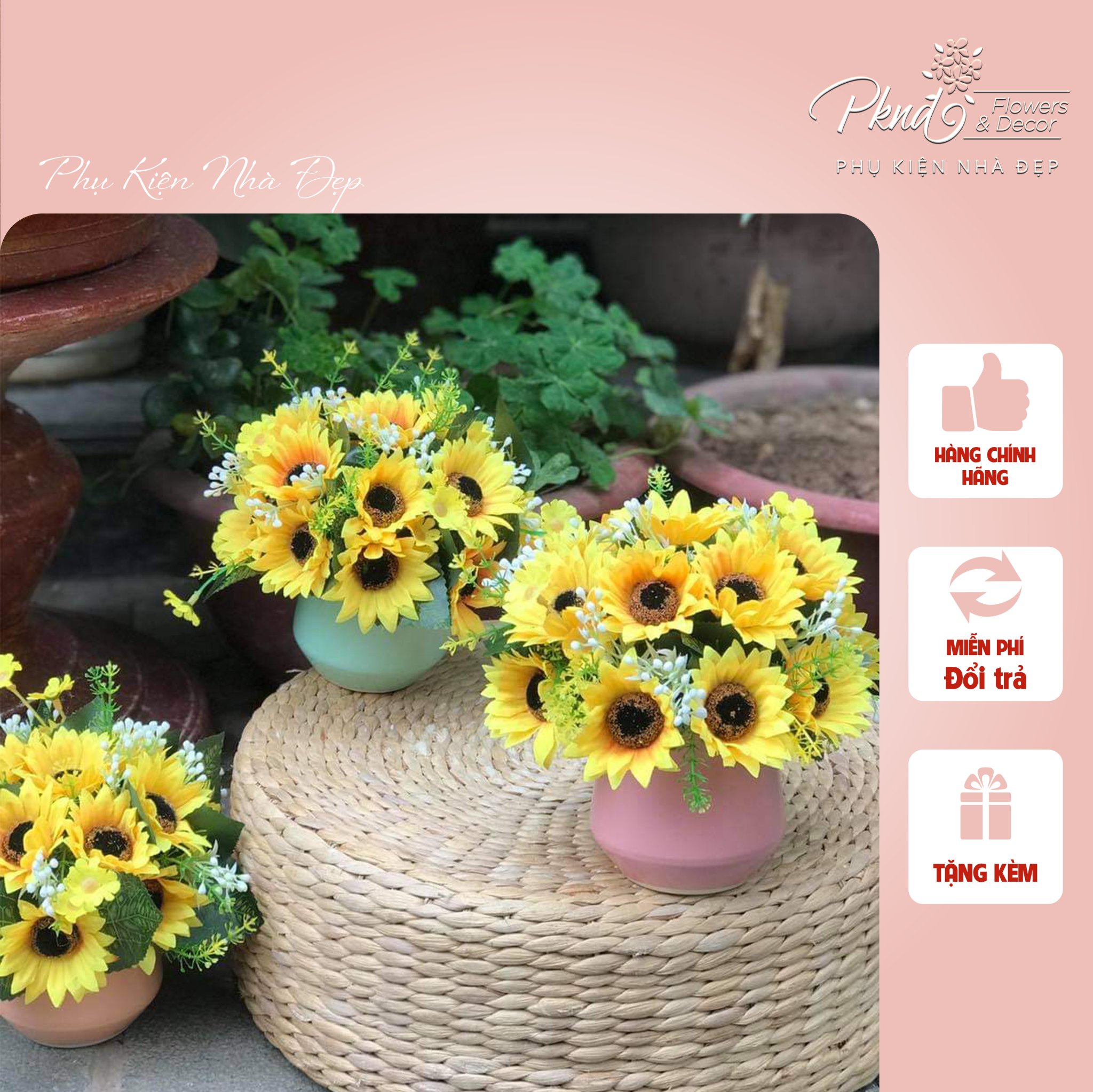 Chậu hoa giả hướng dương chất lụa trang trí kệ sách, kệ tủ đẹp (Chậu gốm màu ngẫu nhiên) PKND FLOWERS & DECOR
