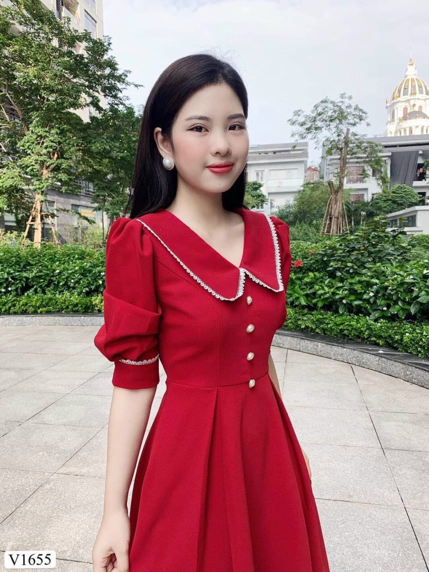 Đầm Vaý Tay Lỡ Cổ Sơ Mi Màu Đỏ Siêu Xinh Tôn Dáng Cho Nàng Thời Trang Dạo Phố