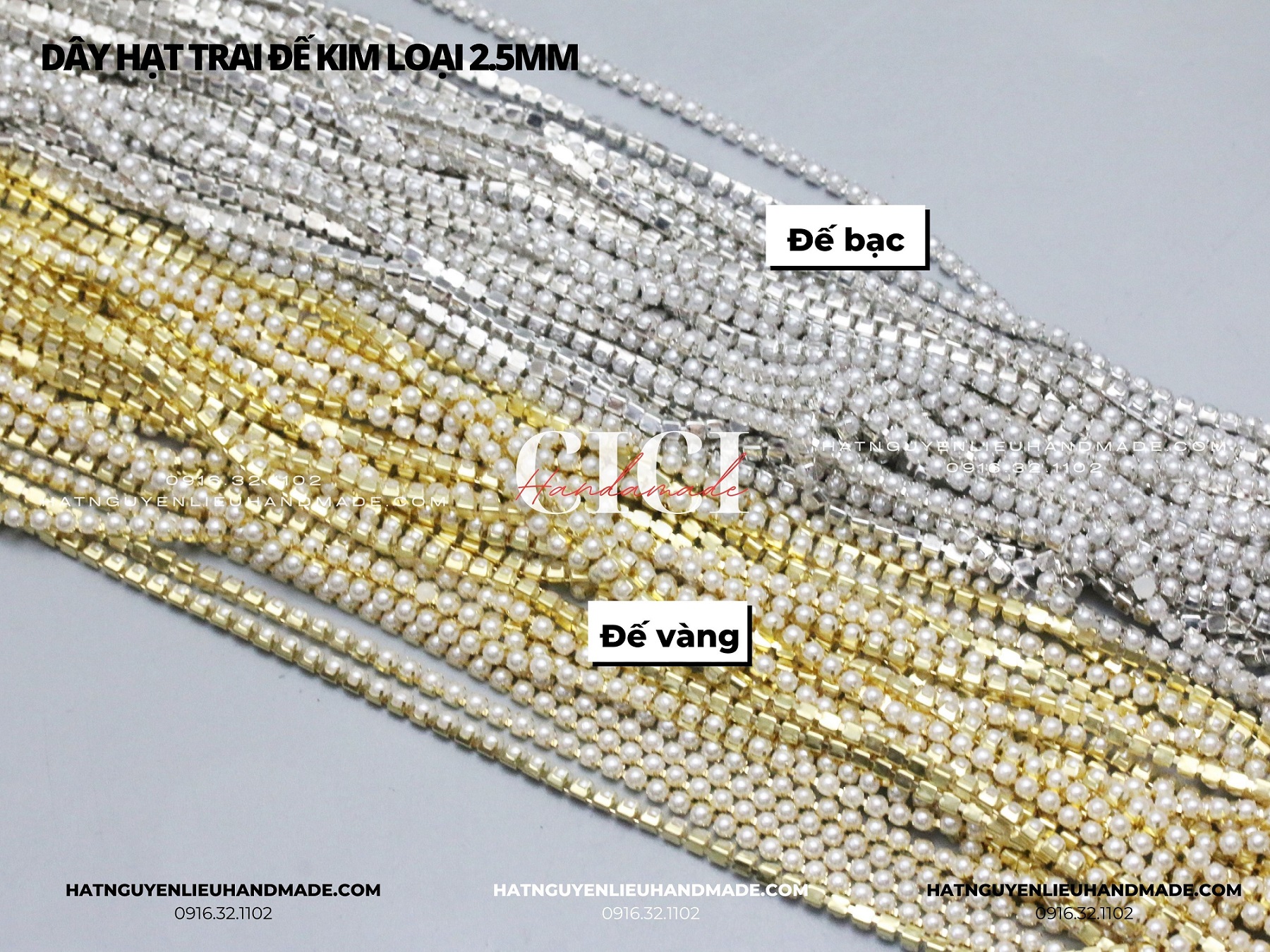 Dây hạt trai đế kim loại đế vàng làm trang sức DIY, đính vỏ điện thoại Cici Handmade chuyên hạt đá hạt pha lê hạt cườm hạt trang sức