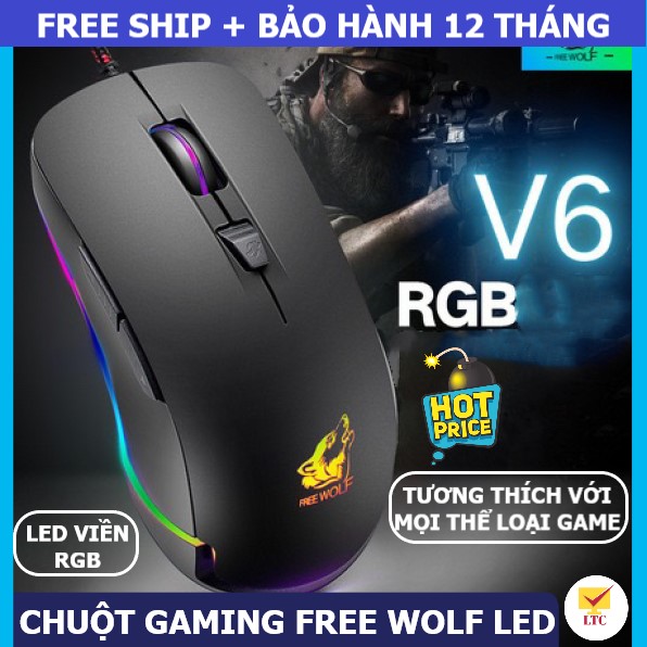 Chuột máy tính gaming led đổi màu nhiều chế độ V6, mouse chơi game tương thích laptop, pc cổng kết nối USB, có cục chống nhiễu, chỉnh được DPI