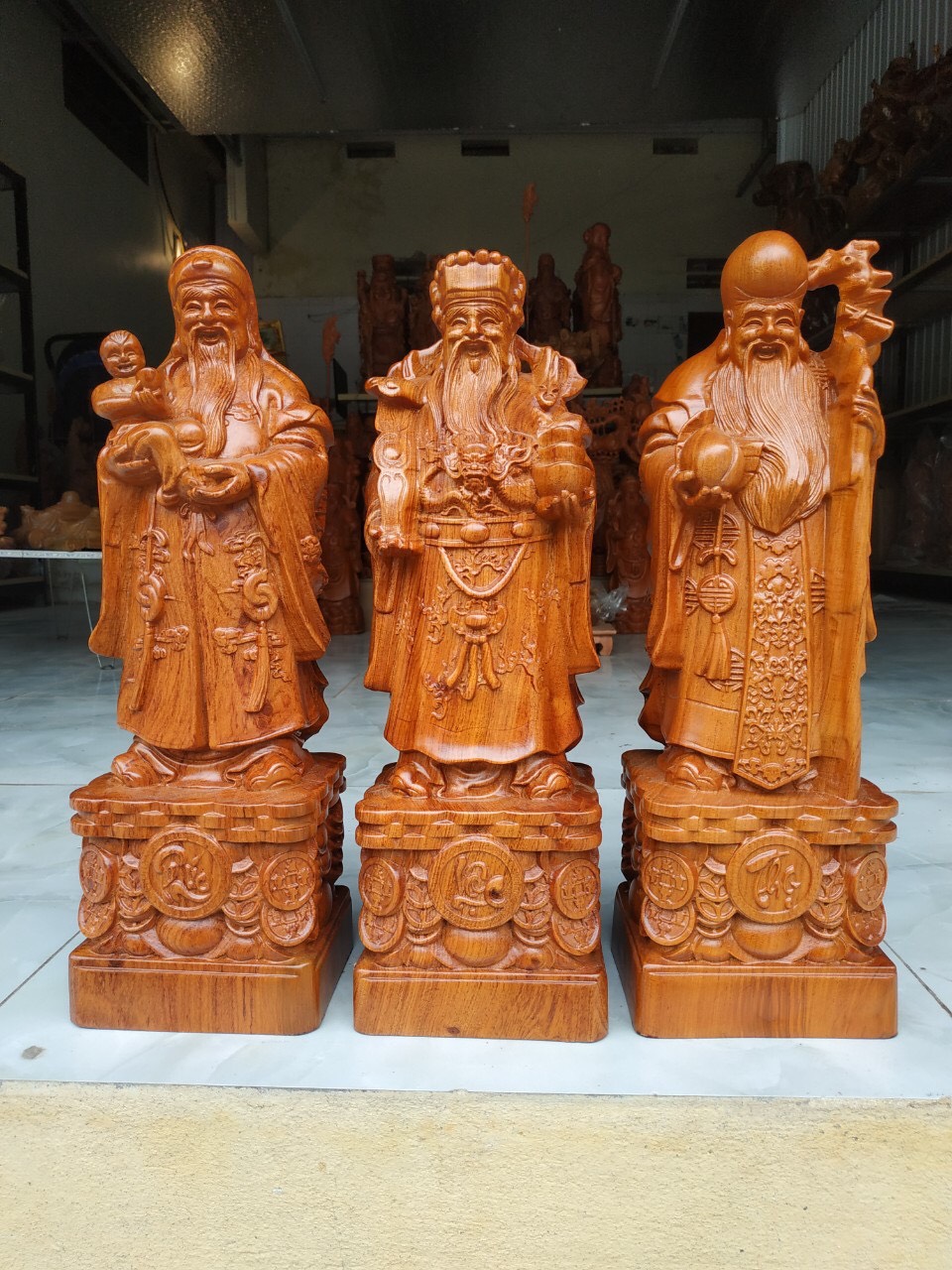 Tượng Tam Đa Phúc Lộc Thọ Gỗ Hương Cao 40 Cm