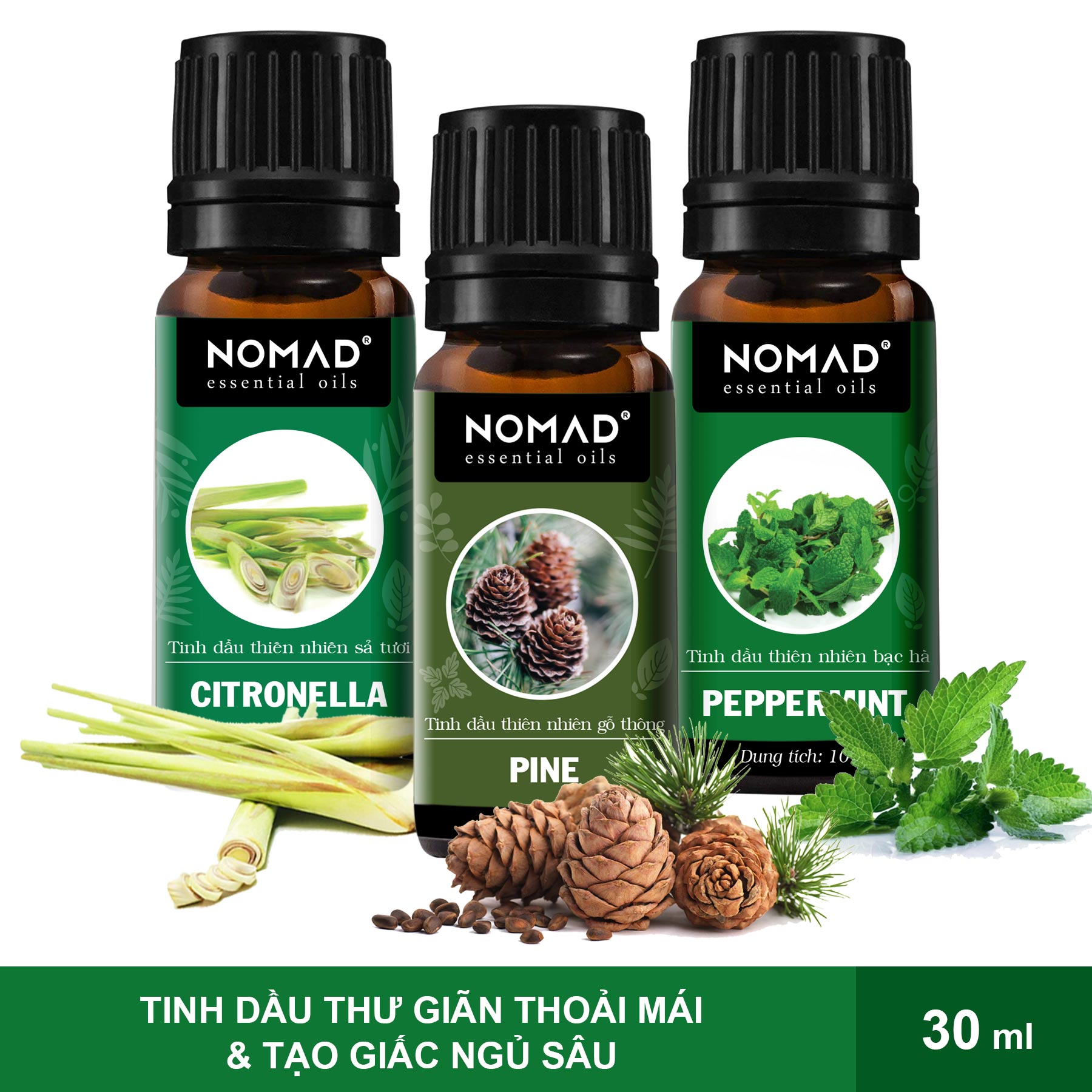 Combo 3 tinh dầu nomad: hoa oải hương + vỏ chanh + sả tươi