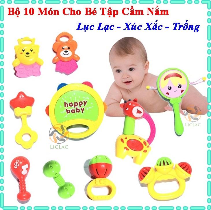 Bộ 10 món lục lạc, xúc xắc, trống lắc cho bé tập cầm nắm và nhận biết - bộ đồ chơi cầm nắm nhiều màu sắc cho bé