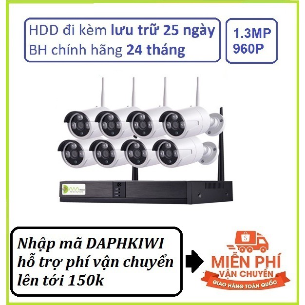 Bộ camera wifi kit 8 kiwivision nvr8130 mắt 1.3m, bộ nhớ lưu 25 ngày , tự ghi đè
