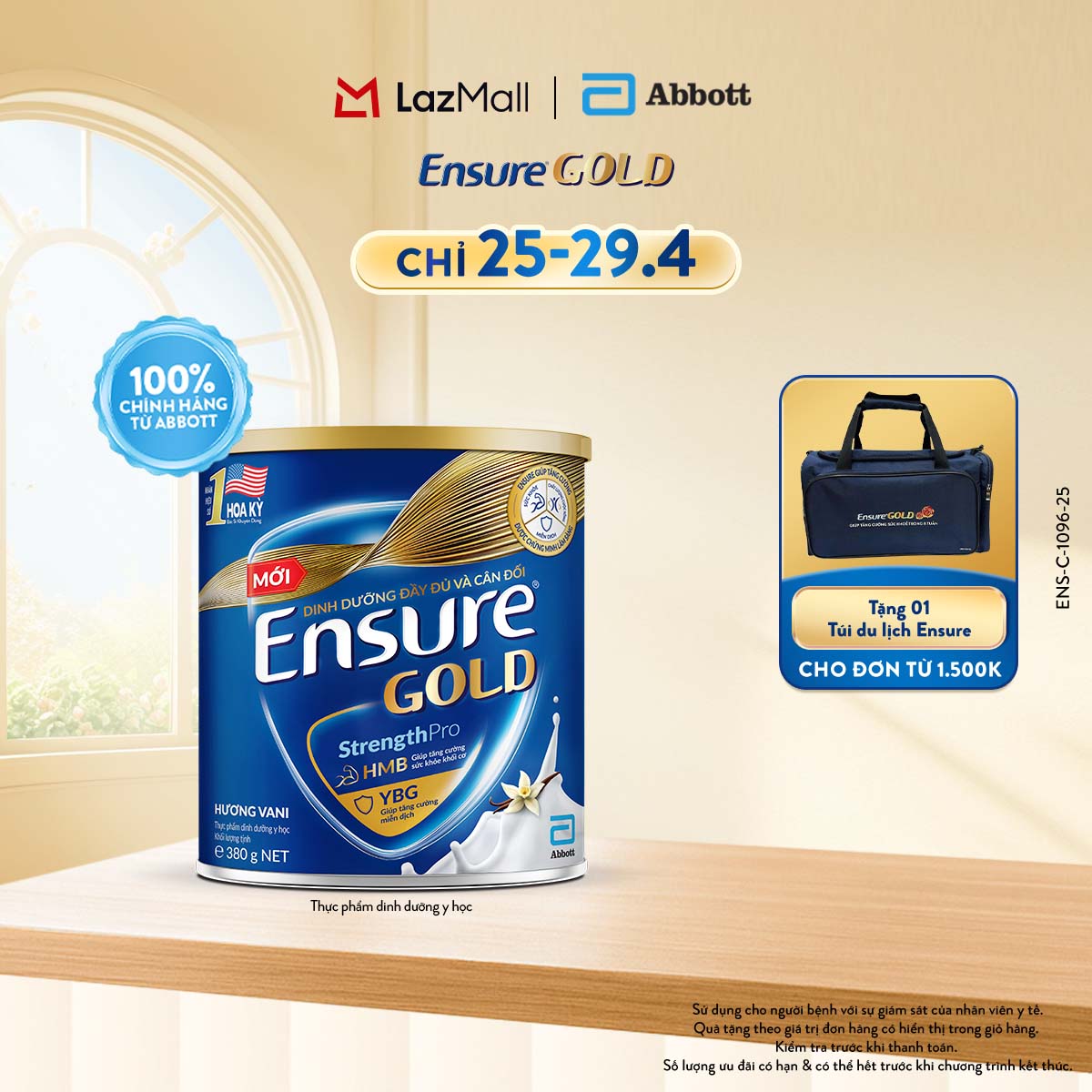 [CHỈ 25-29.04 QUÀ TẶNG CHO ĐH 1500K-SLCH] Lon sữa bột Ensure Gold hương Vani 380g (New)