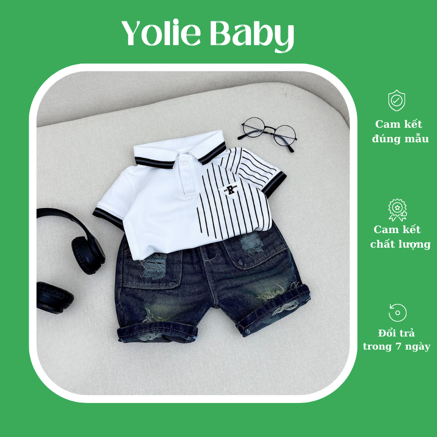 Sét bé trai,sét bộ polo kẻ chữ R kèm quần jean mài rách mềm đẹp phong cách sang chảnh cho bé 8kg đến 28kg -YB02
