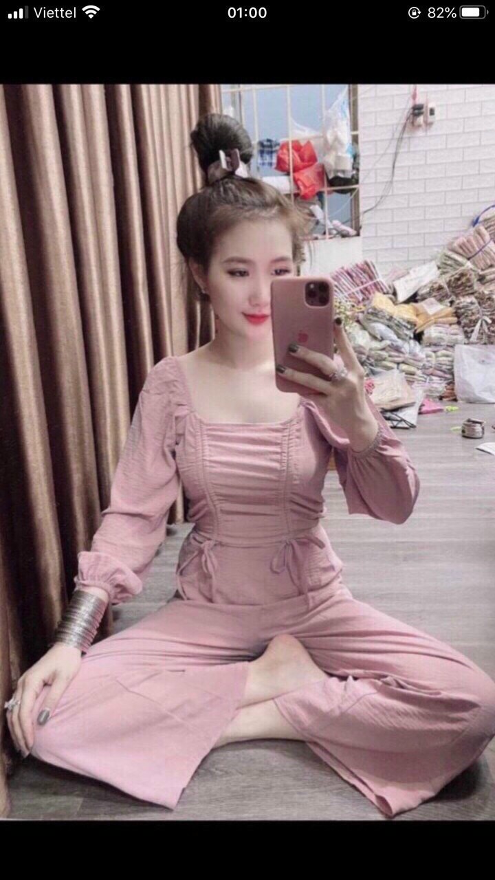 Set bộ nữ ao tay dai cổ vuông rut eo quân dai