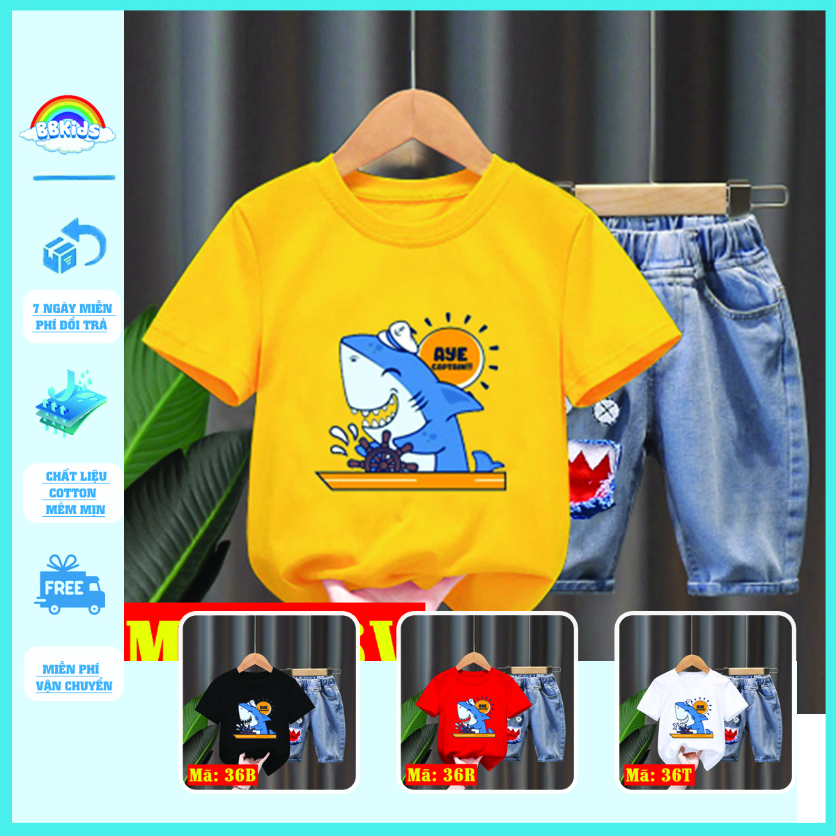 Đồ Bộ Cho Bé BB Kids - Quần Áo Bé Trai Bé Gái In Hình Cá Mập Xanh Cho Bé 0-10 Tuổi Chất Cotton Mềm Mịn, Thoáng Mát