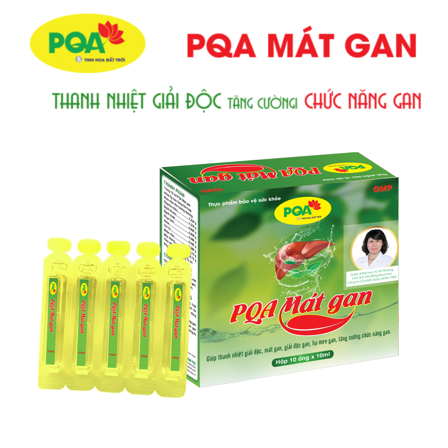 PQA Mát gan hộp 10 ống Giúp thanh nhiệt giải độc, mát gan, giải độc gan, hạ men gan, tăng cường chức năng gan.