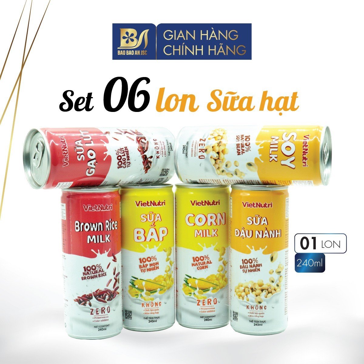 Combo 6 lon mix 3 vị sữa vietnutri - sữa gạo lứt, sữa đậu nành, sữa bắp thơm ngon dinh dưỡng - 240ml