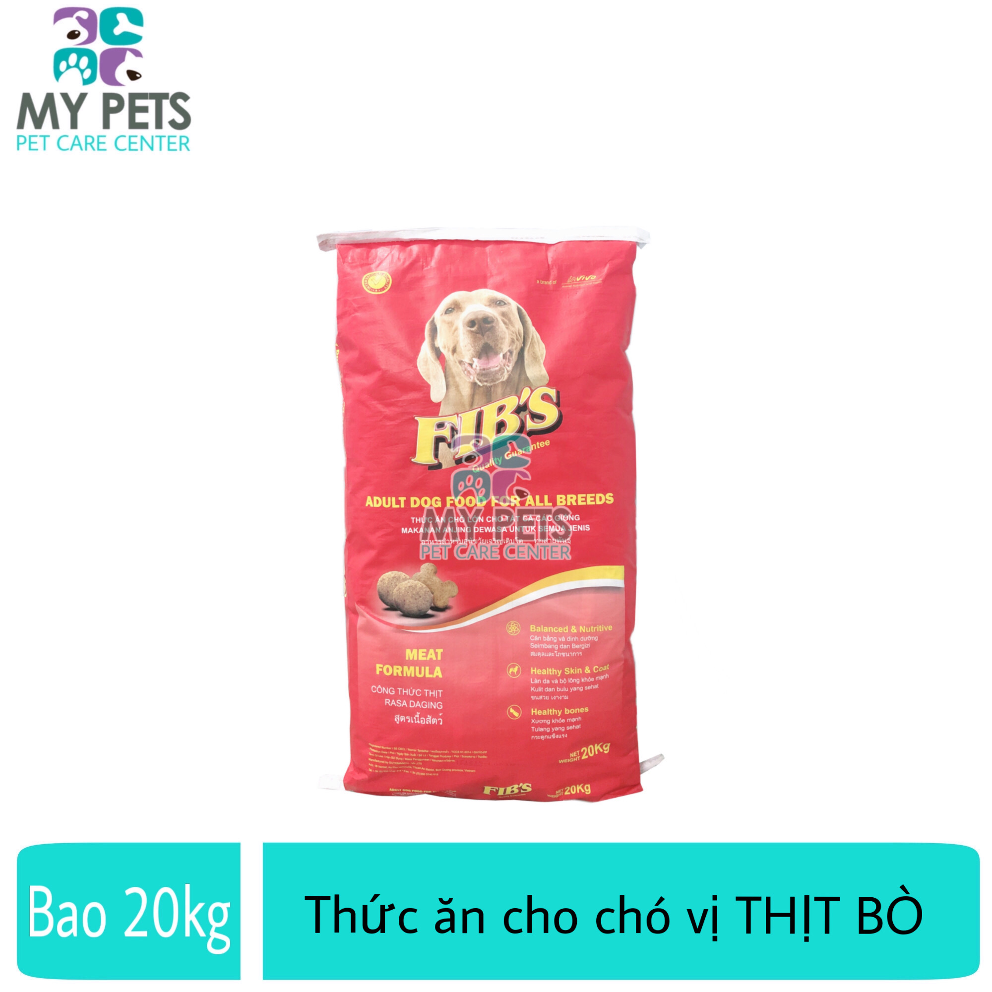 Thức ăn cho chó lớn vị thịt bò - Thức ăn cho mọi loại chó trưởng thành - Fib's (1 bao 20kg/50 gói 400g)