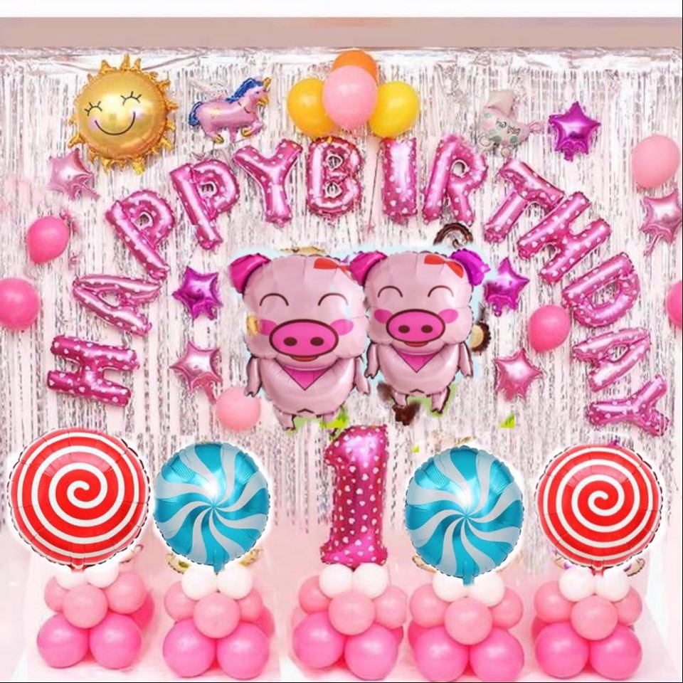 Bộ Bóng Bay Happy Birthday Tông Hồng Cho bé Gái