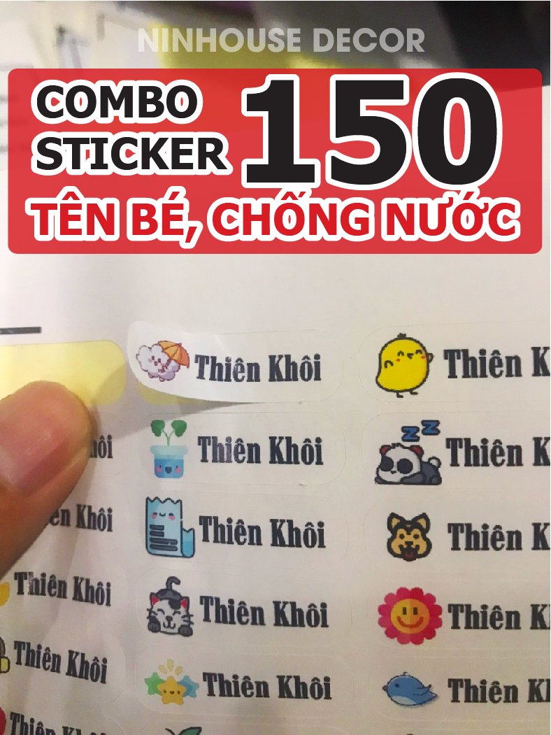 150 Sticker tên bé, nhãn vở in tên theo yêu cầu, hình dán ngộ nghĩnh, dán đồ dùng học tập