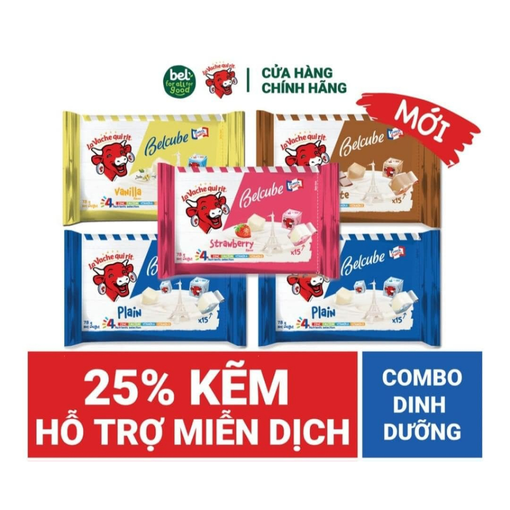 Phô mai con bò cười La Vache qui rit vị truyền thống hộp tròn, dạng túi phô mai vuông bò cười
